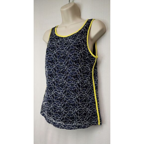 Banana Republic Women Large Navy Blue Neon Yellow Floral Eyelet Tank Top 2P NWT - Picture 2 of 6